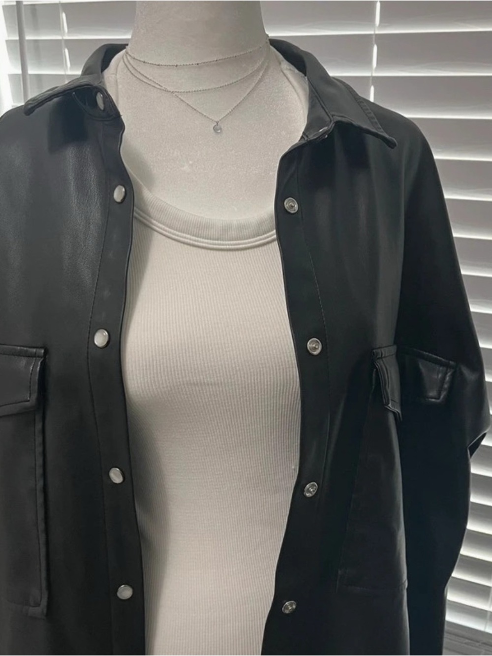 12th Tribe Black Faux Leather Button-Front Shacket